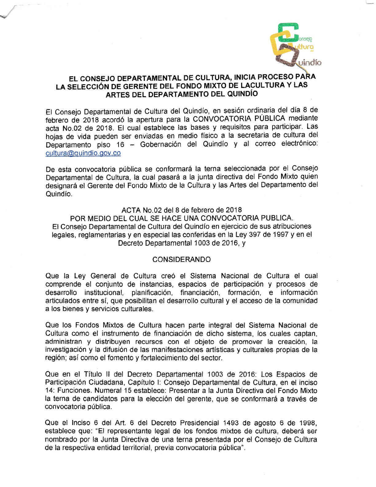 CONVOCATORIA GERENTE FONDO MIXTO QUINDIO 001