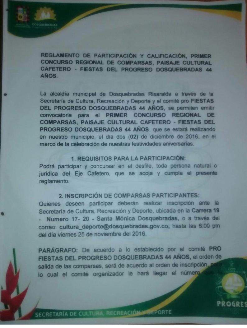 Reglamento participación concurso de comparsas fiestas del progreso dosquebradas 2016-2