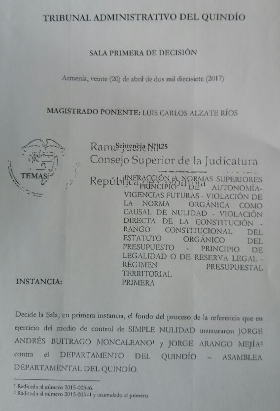 Tribunal Administrativo del Quindío decretó la nulidad de las ordenanzas 010 y 011 de 2015