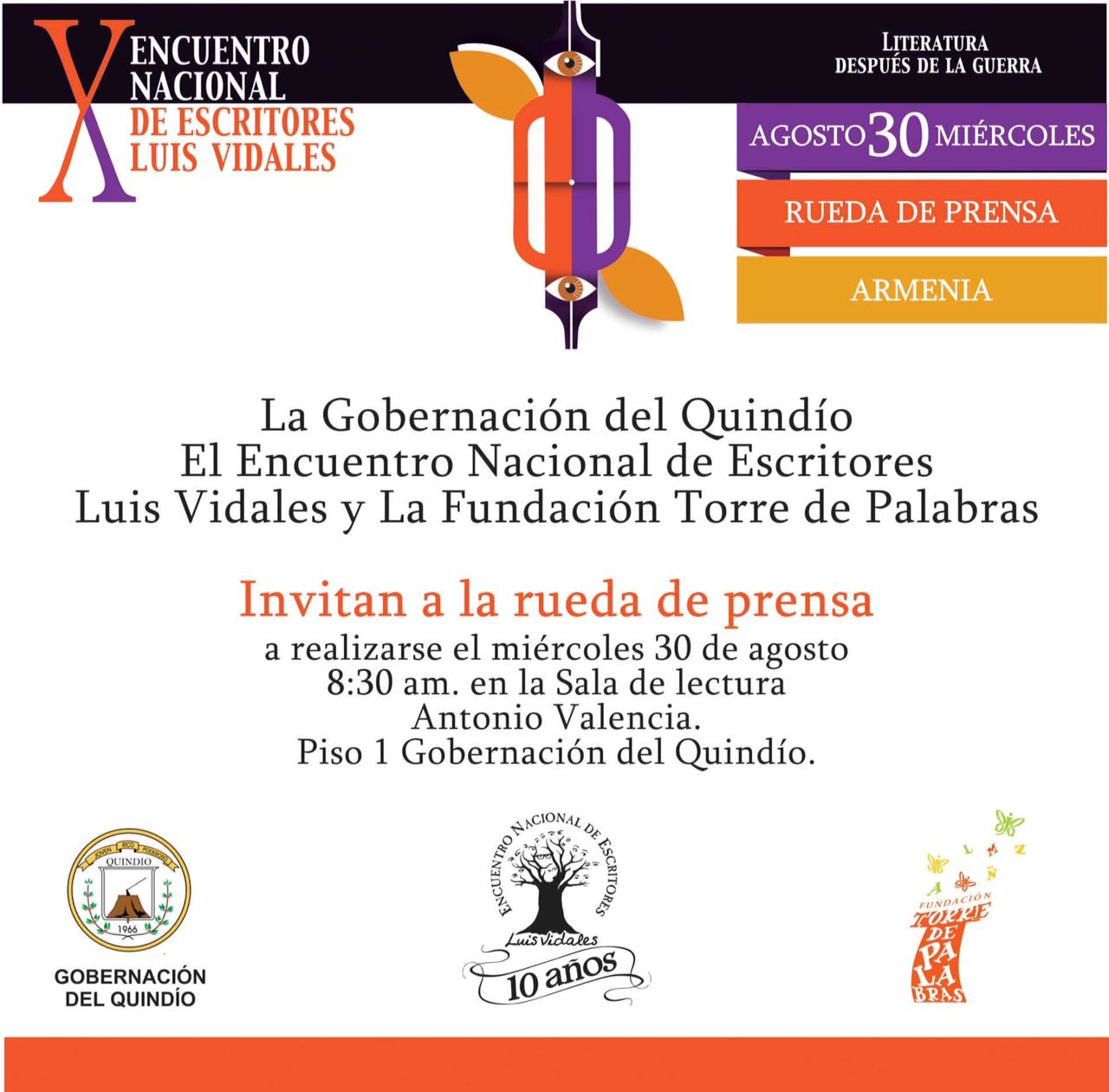 Gobernación del Quindío invita a los medios de comunicación a la rueda de prensa sobre el X Encuentro Nacional de Escritores Luis Vidales