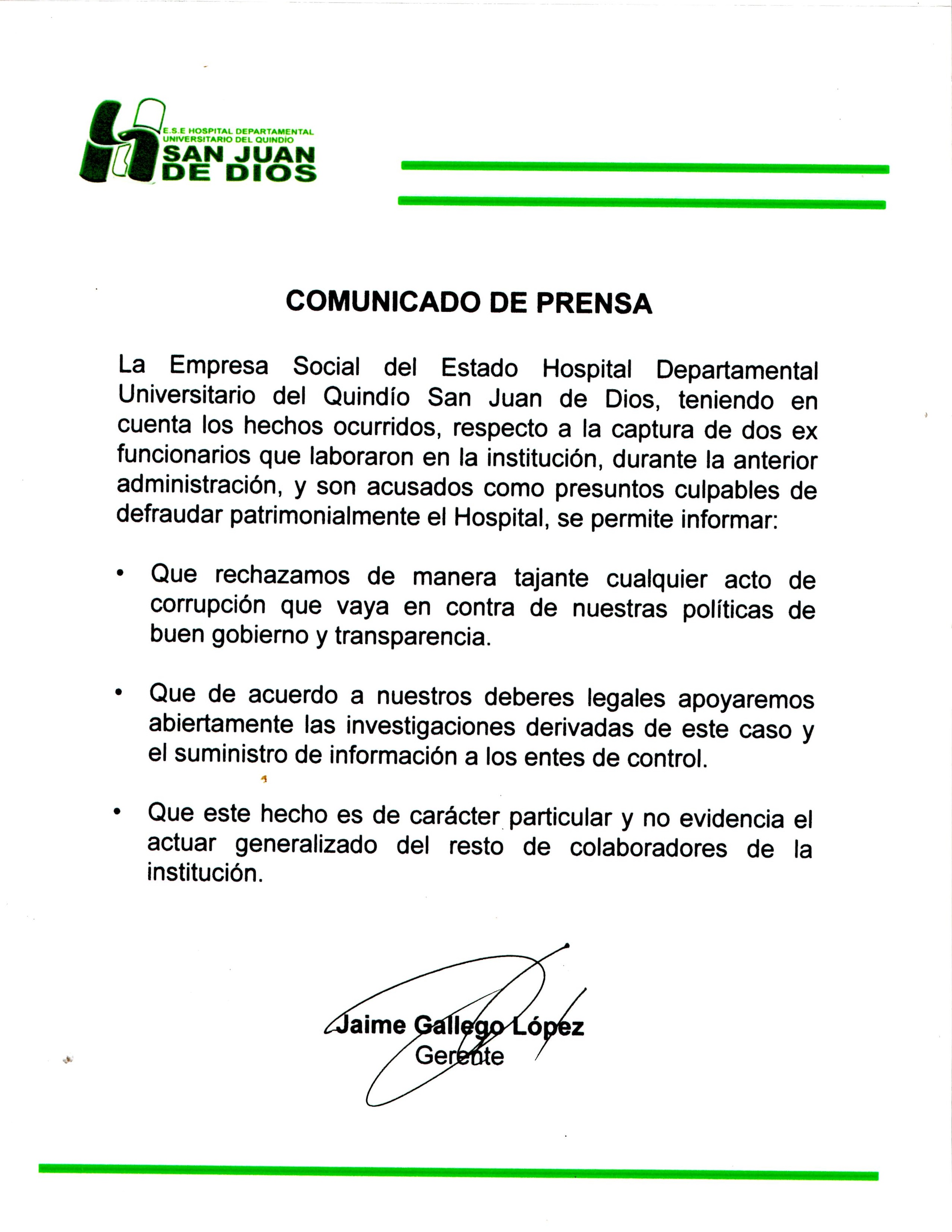 Comunicado de prensa del Hospital Departamental Universitario del Quindío San Juan de Dios