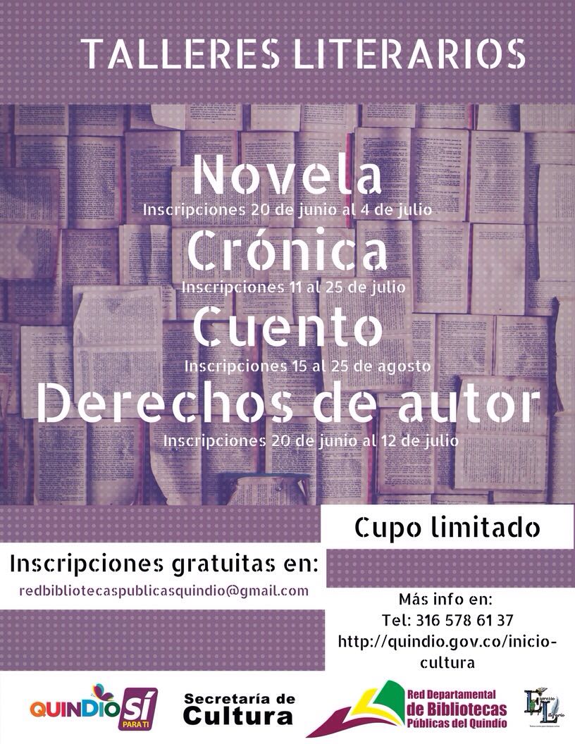 Gobernación del Quindío y Red Departamental de Bibliotecas Públicas realizarán talleres gratuitos de escritura