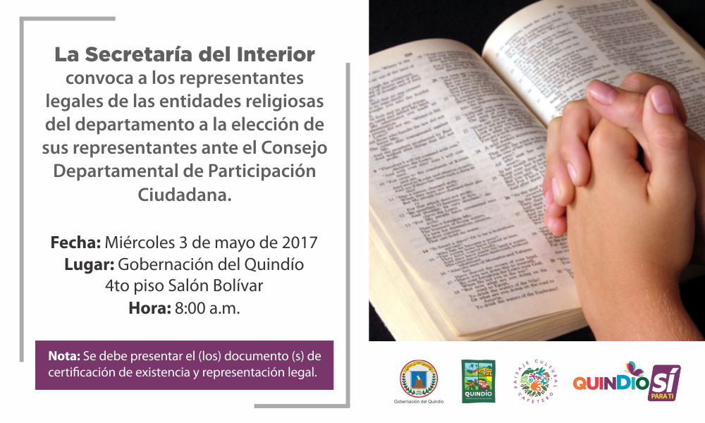 Gobernación del Quindío convoca a los representantes legales de entidades religiosas para la elección al Consejo Departamental de Participación Ciudadana