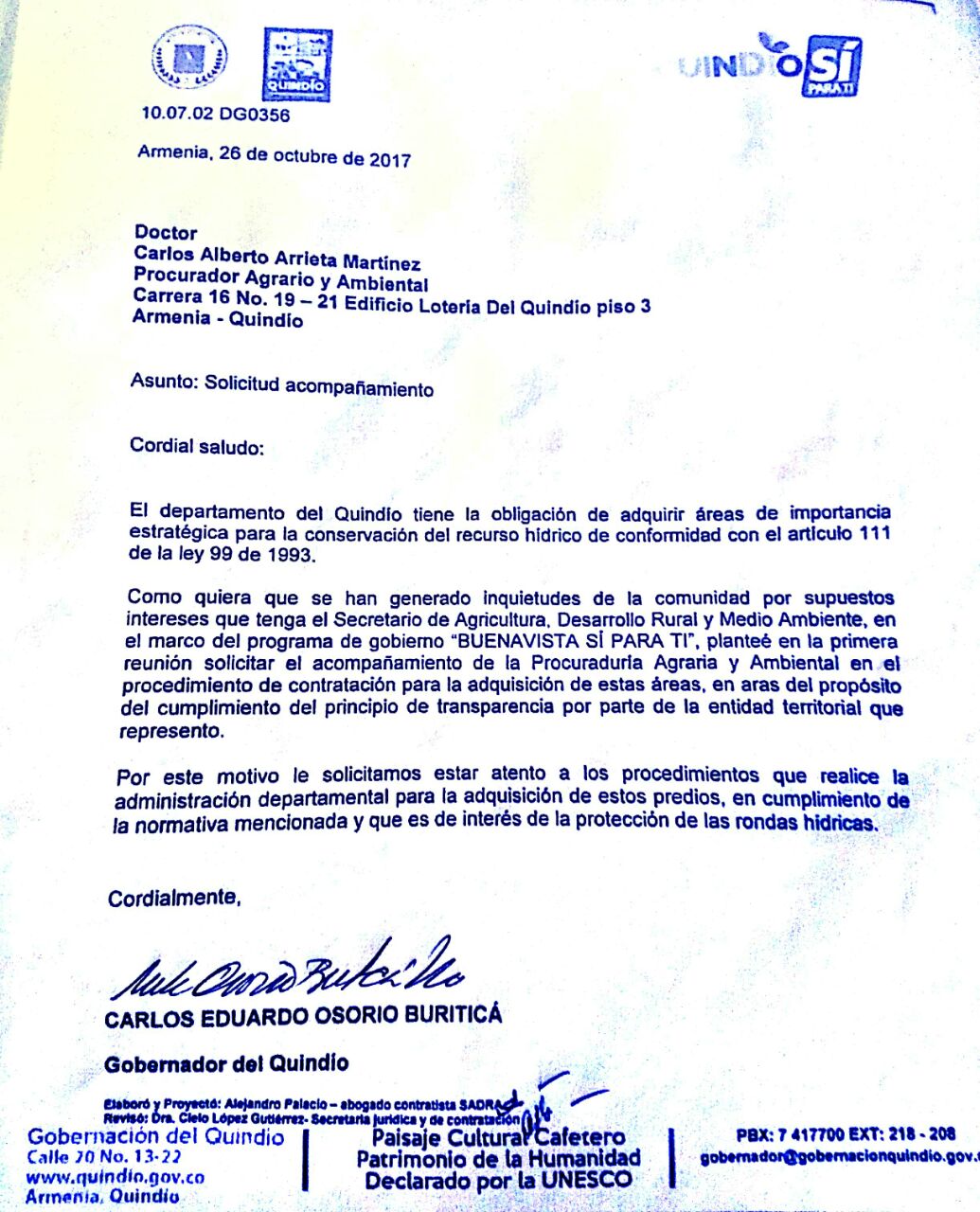 Administración departamental pide acompañamiento a Procuraduría Ambiental y Agraria para la compra de predios prioritarios para el abastecimiento de acueductos municipales