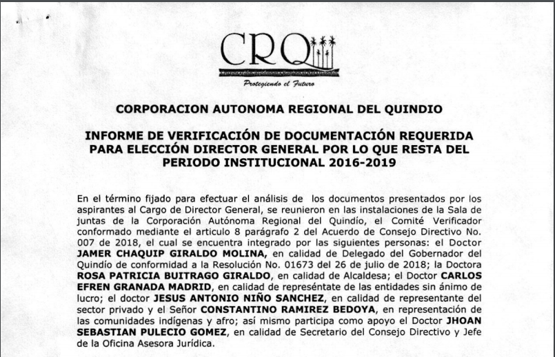 Gobernacion del Quindio replica informe de verificacion de documentacion requerida para la eleccion del director general de la CRQ