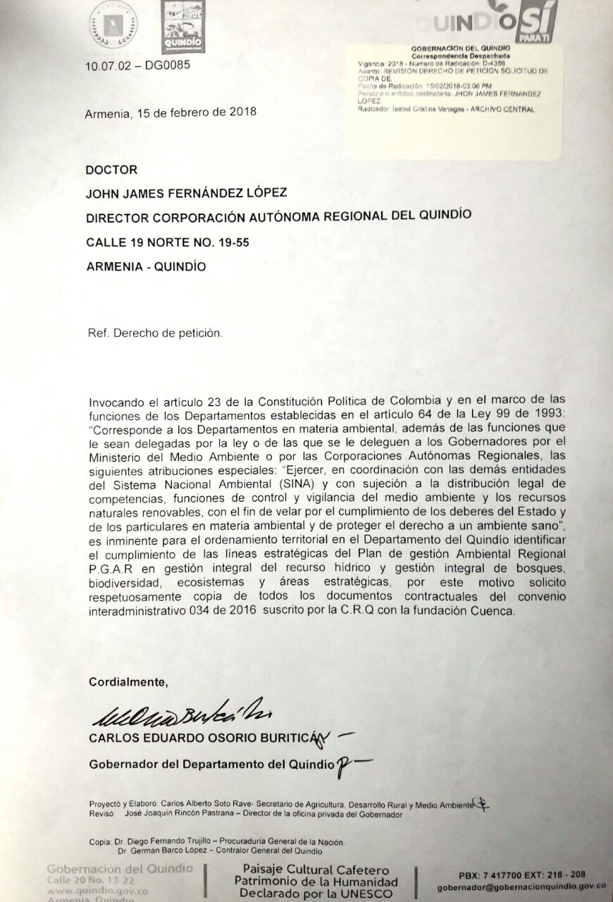 Gobernador envió derecho de petición a la CRQ para solicitar claridad sobre el convenio celebrado para sembrar 26 mil Palmas de Cera en el Quindío