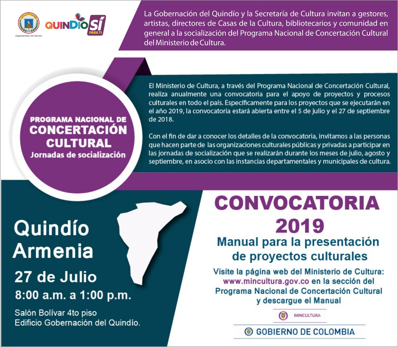 Este viernes 27 de julio MinCultura socializará en el Quindío el Programa de Concertación Cultural