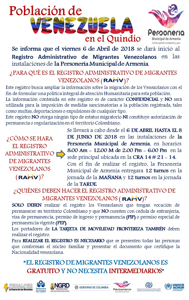 Hoy en el Quindío inicia el Registro Administrativo de Migrantes Venezolanos